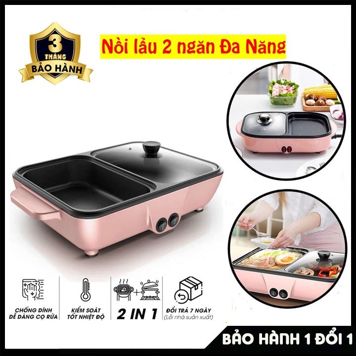 Nồi Lẩu Nướng Bếp Lẩu Nướng Hàn Quốc Siêu Chống Dính Đa Năng Cao Cấp Chiên Nấu 2 Ngăn - Bảo hành 3 tháng
