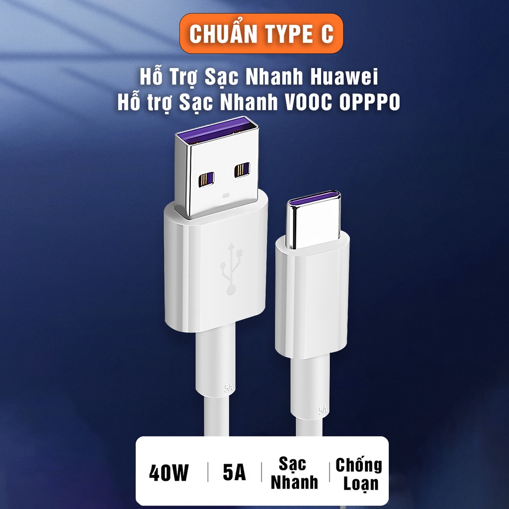 Dây cáp sạc nhanh type C chuẩn 5A 40w dây sạc nhanh đện thoại máy tính bảng android