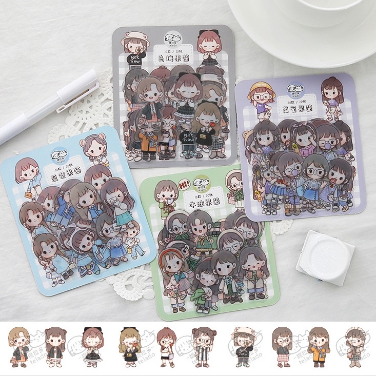 Gói 40 miếng dán trang trí điện thoại chống nước hình bé gái hoạt hình dễ thương DIY