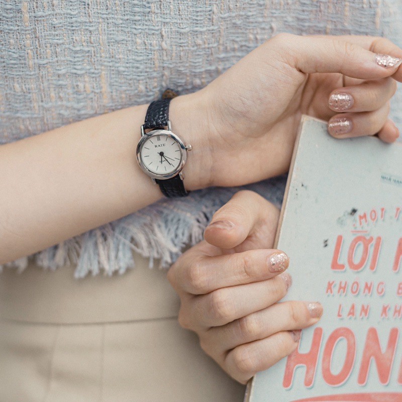 Đồng hồ nữ dây da mặt nhỏ RATE TRÒN đen mặt trắng đồng hồ nữ chính hãng Watchesbytif size 22mm đẹp giá rẻ chống nước