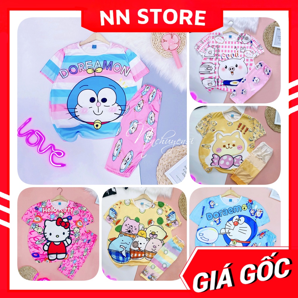 Đồ bộ thun quần LỬNG cho mẹ và bé size đến 70kg in hình hoạt hình heo kitty doremon chất thun mềm mát DBRBL FULL SIZE