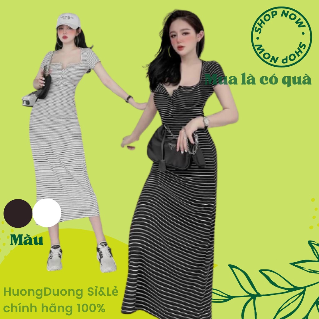 Đầm Body Nữ dáng dài sọc ngang tay ngắn Maxi chất Gân HUÓNGDUONG