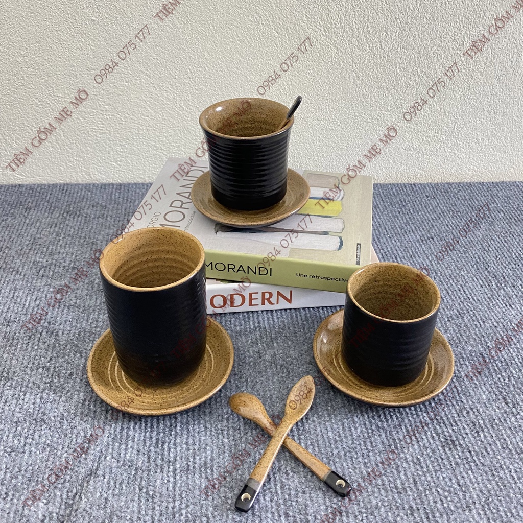 Ly cốc sứ không quai Ly trà cà phê men đen lòng nâu gốm gốm sứ Bát Tràng