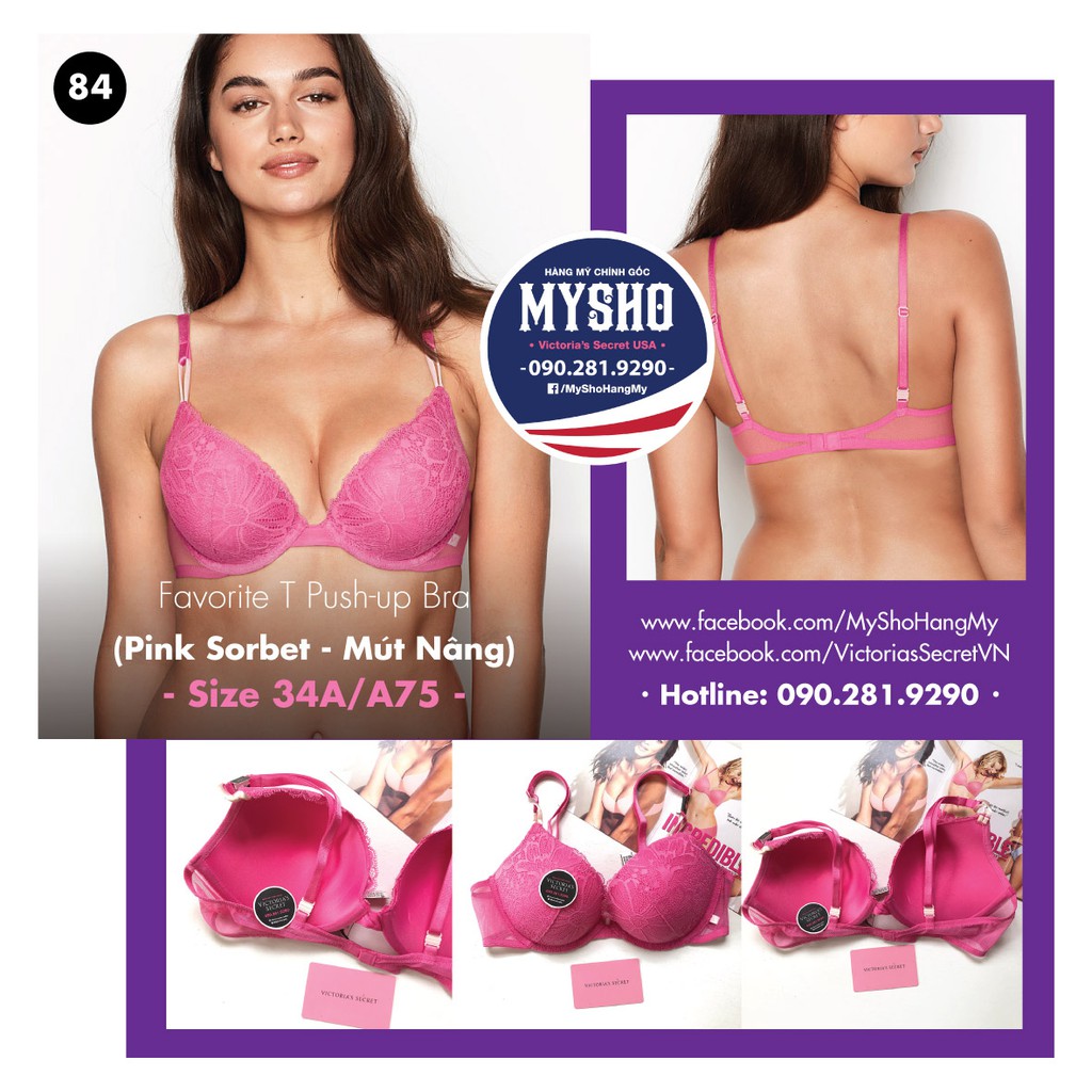 Bill Mỹ 34A/A75 - Áo hồng ren hoa (84) cá tính, Favorite T Push-up nâng ngực, Pink Sorbet - Hàng nhập Victoria's Secret