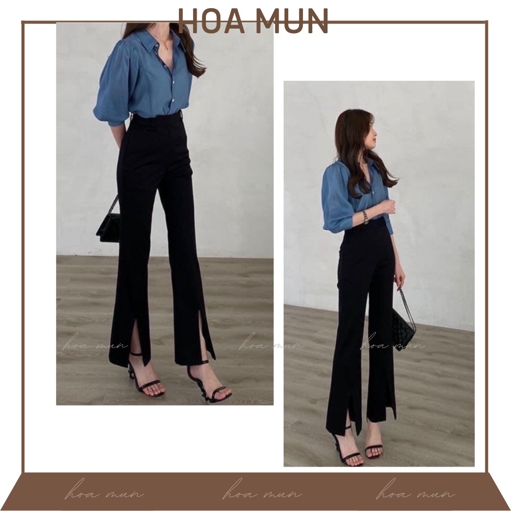 Quần ống loe nữ HoaMun xẻ gấu cạp cao dáng dài nâng mông, Quần tây âu dài công sở lưng cao xẻ tà