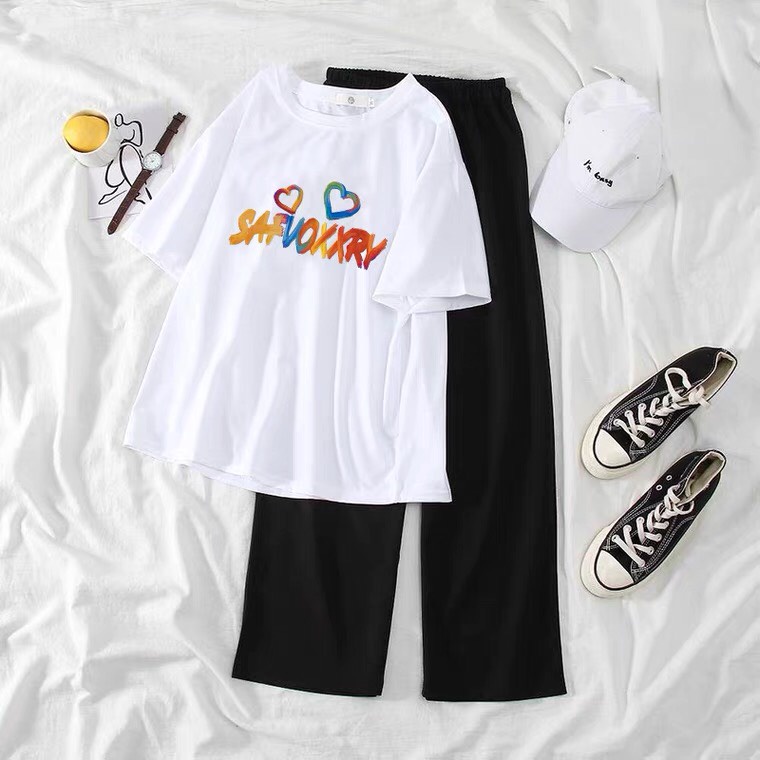 Sét Áo phông chữ màu+quần suông trơn, Áo thun from rộng, Chất đẹp không xù, quần suông ống rộng, Sét bộ mặc ở nhà - MODY