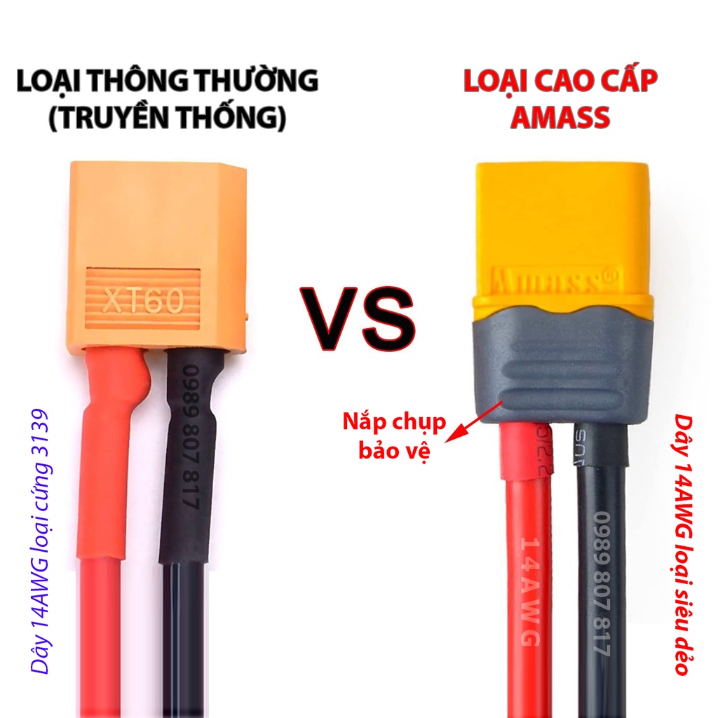 - Jack XT60 kèm dây nguồn 14AWG thường và Amass cao cấp cho mạch phân phối điện hay pin lipo