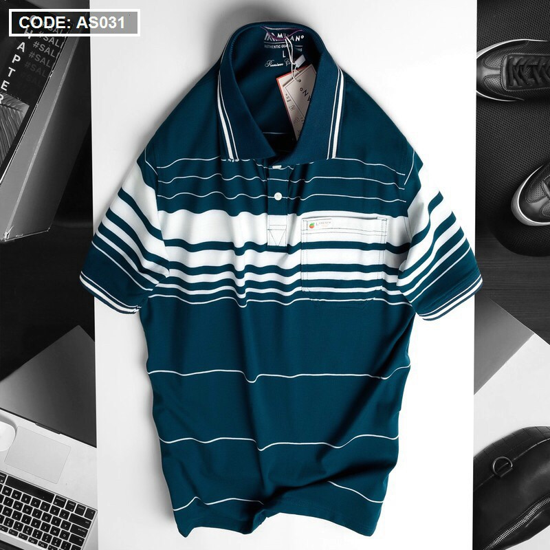Áo Polo Nam Phối Sọc Trung Niên Cổ Bẻ Có Túi Vải Cá Sấu Cotton Xuất Xịn -ÁO POLO NAM | BigBuy360 - bigbuy360.vn