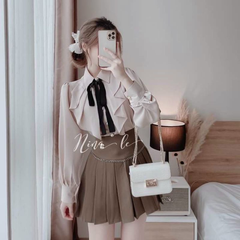 Set váy tiểu thư áo sơ mi kiểu phối chân váy xếp ly dễ thương.Set váy đẹp.Váy công sở cao cấp.