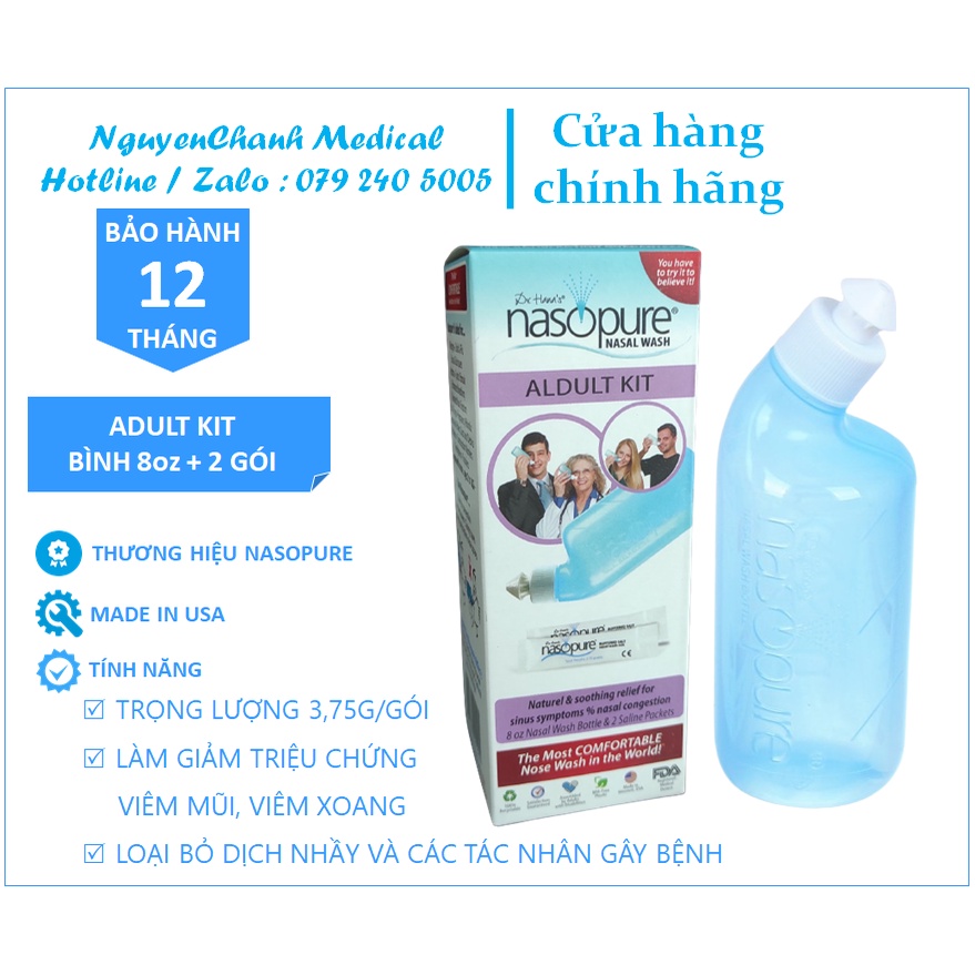 Muối rửa mũi Xoang Nasopure - Aldult Kit ( Bình lớn 240ml + 2 Muối ) - Chính Hãng Mỹ | Rửa mũi cho Bé, Viêm mũi dị ứng
