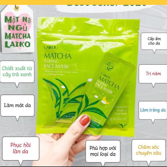 Túi 15 gói mặt nạ ngủ  LAIKOU matcha trà xanh