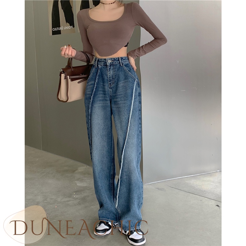 DUNEA Quần Jean Dài Lưng Cao Ống Rộng Thiết Kế Quyến Rũ Cho Nữ