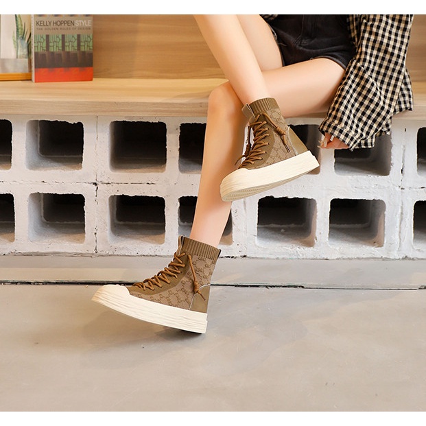 Giày sneaker cổ cao nữ vải len tăm cao cấp đế sóng tăng chiều cao 2022