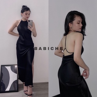 [ New ] Váy Lụa Cổ Yếm Xẻ Tà Hở Lưng Dáng Dài BABICHE
