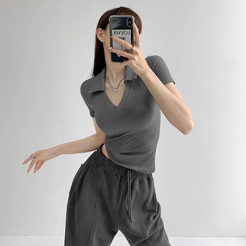 Áo Thun Tay Ngắn Cổ Polo Trắng Dáng Ôm Thời Trang Mùa Hè Áo Croptop Độ Co Giãn Nữ