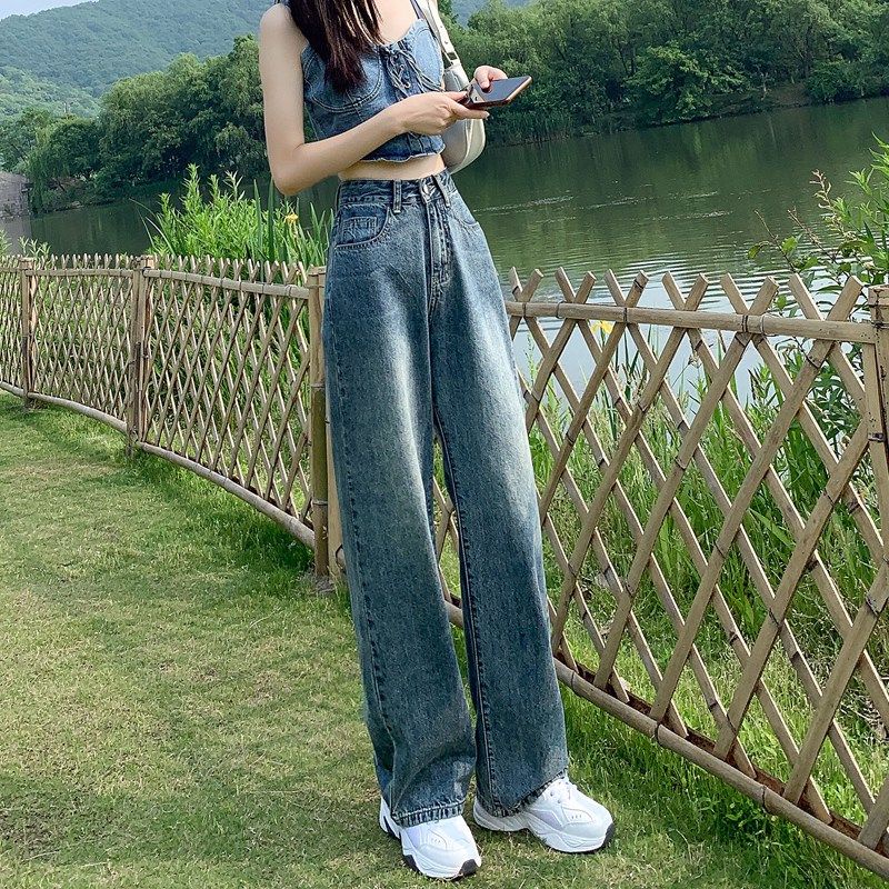 Quần jean COZOKC lưng cao dáng rộng ống suông phong cách cổ điển hợp thời trang