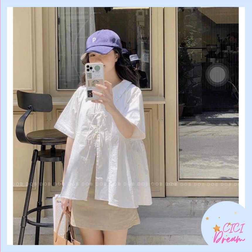 Set đồ nữ chân váy nữ ngắn chữ A kèm áo babydoll trắng tay ngắn buộc dây, Set chân váy ngắn kèm áo sơ mi trắng cộc tay
