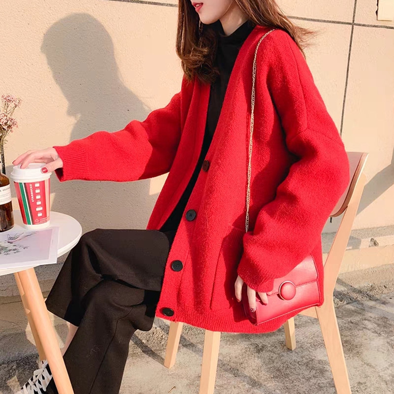 Áo khoác cardigan dệt kim dáng rộng cổ tim dài tay trơn màu xinh xắn thời trang Hàn Quốc thời thượng dành cho nữ