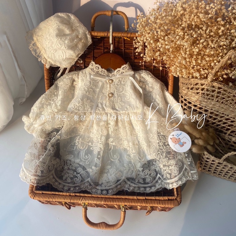 Váy chip tiểu thư tay dài ren hoa nơ cổ đính nút châu