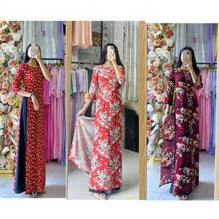 Áo dài đỏ hoa nhí - Áo dài đỏ đô in hoa đào