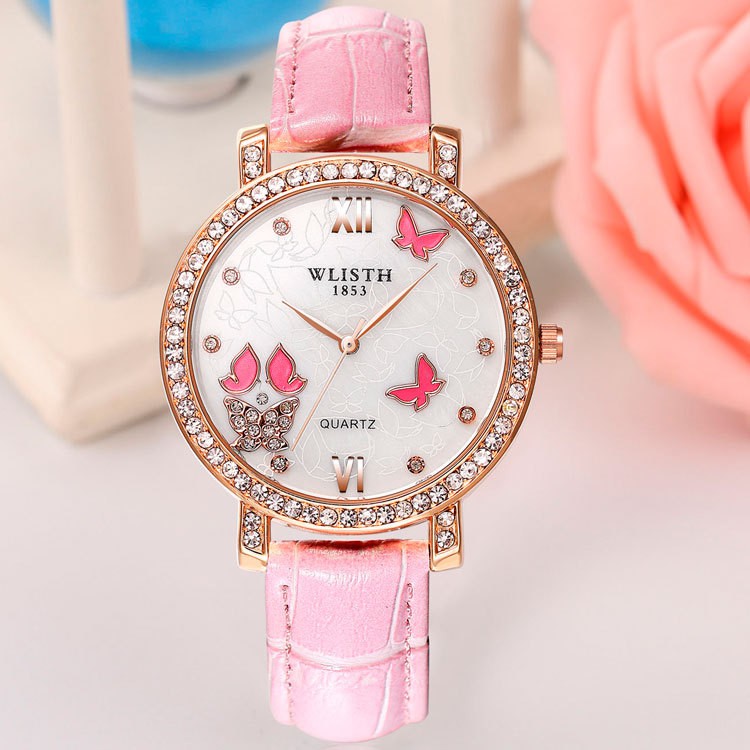 Đồng hồ nữ WLISTH W608 mặt đính đá sang trọng dây da 4 màu thời trang