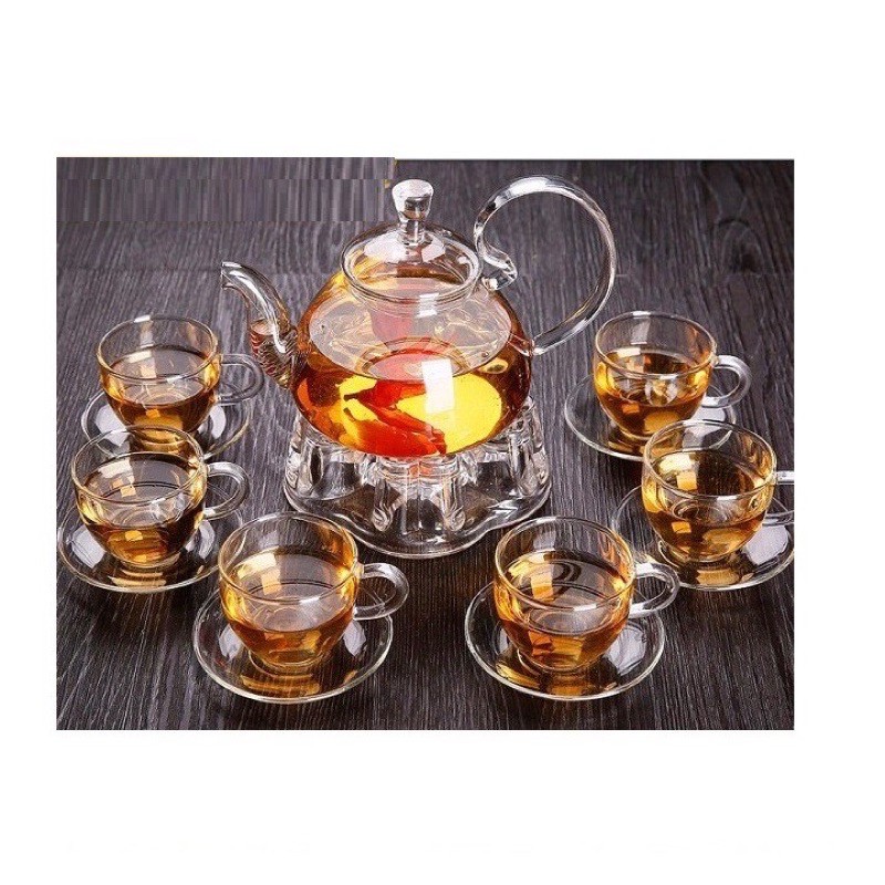 Bộ ấm trà thủy tinh 6 chén quai kèm đĩa tặng 3  nến tealight