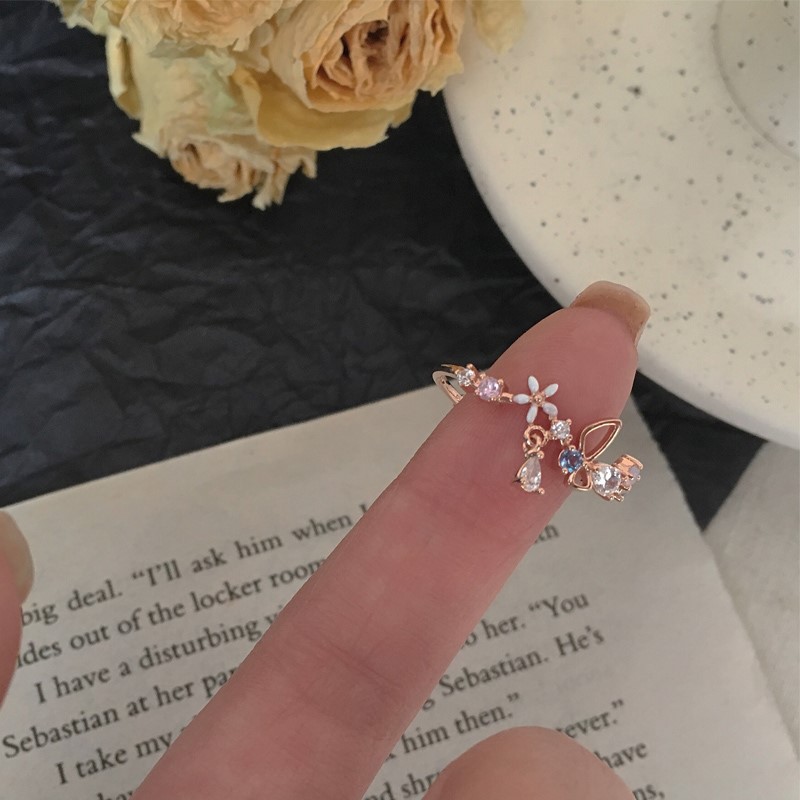 Nhẫn Hình Cánh Bướm Và Hoa Đính Đá Zircon Màu Vàng Hồng Xinh Xắn Cho Phụ Nữ