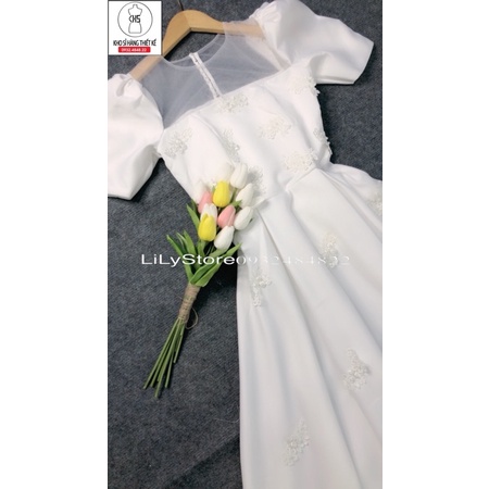 ĐẦM CƯỚI TAY PHỒNG KẾT HOA PHỐI NƠ full size S/M/L/XL ( ảnh và video do chủ shop tự quay 10000%)