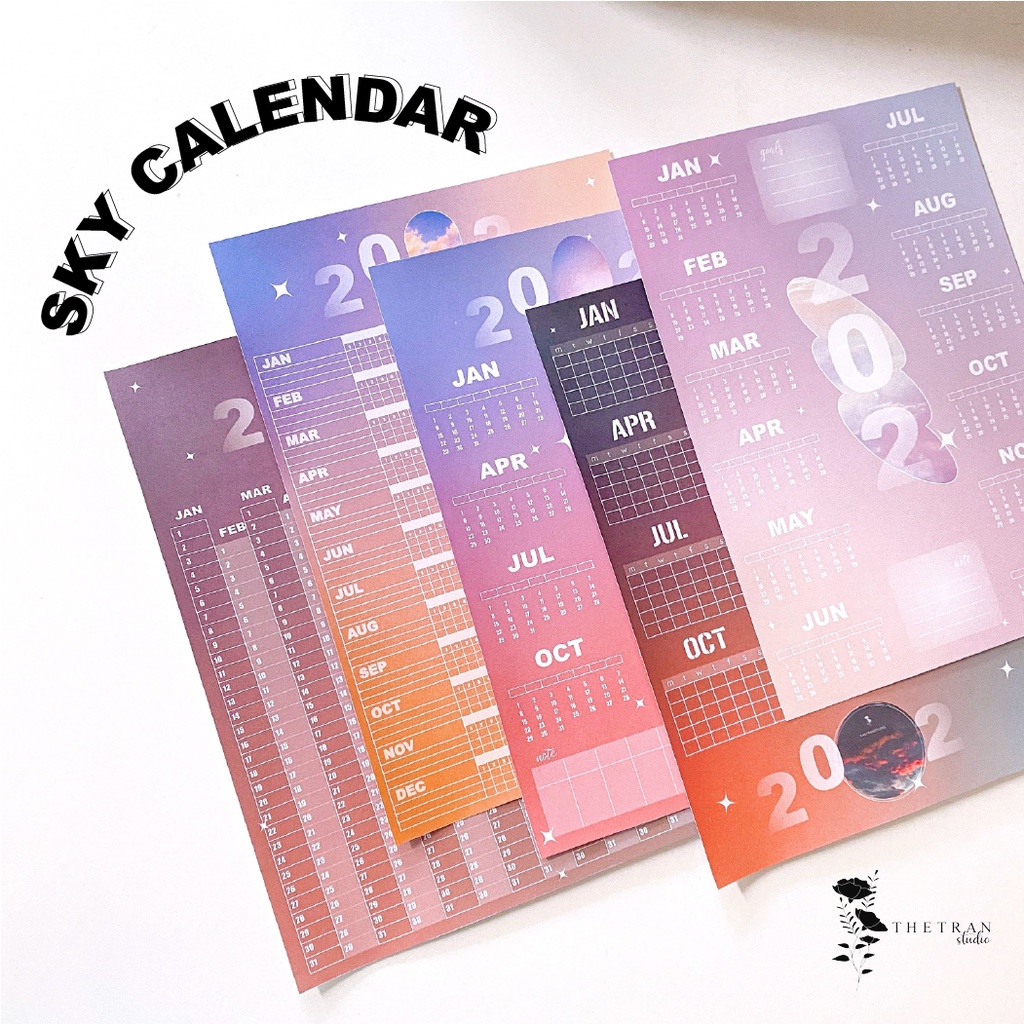 Bộ 5 tờ lịch ghi chú kế hoạch A4 dùng cho tất cả các năm chủ đề bầu trời / sky wall calendar / thetranstudio