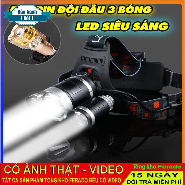 [ Siêu rẻ ] Đèn pin đội đầu 3 bóng ánh sáng trắng dùng 2 pin 18650