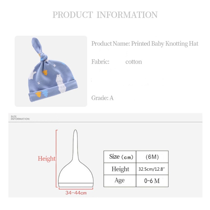 Mũ Beanie Cotton Thắt Nút Cho Bé Trai Sơ Sinh 0-6 Tháng Tuổi