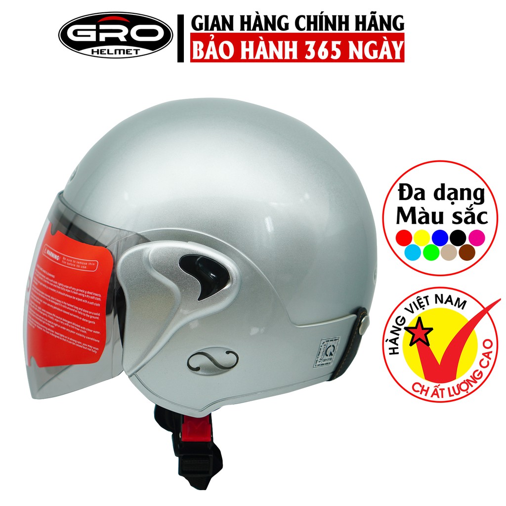 Mũ bảo hiểm cả đầu Gro T318 V1 có kính dài, nhựa ABS bền đẹp, khóa kim loại chắc chắn, mút xốp dày dặn - màu bạc full