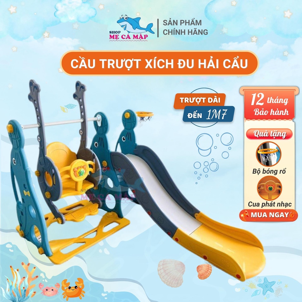 Combo cầu trượt xích đu Hải Cẩu, TẶNG KÈM BỘ BÓNG RỔ và cua phát nhạc, cầu trượt dài 1m70 thành cao, chịu tải 50kg