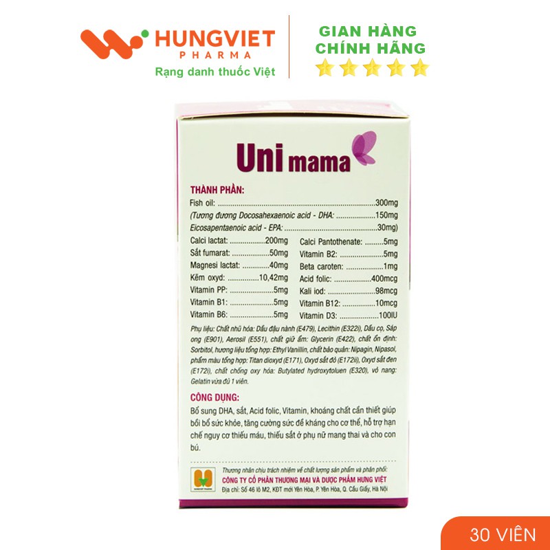 UNIMAMA - Bổ sung DHA, Vitamin và khoáng chất cho phụ nữ mang thai (lọ 30 viên) | Thế Giới Skin Care