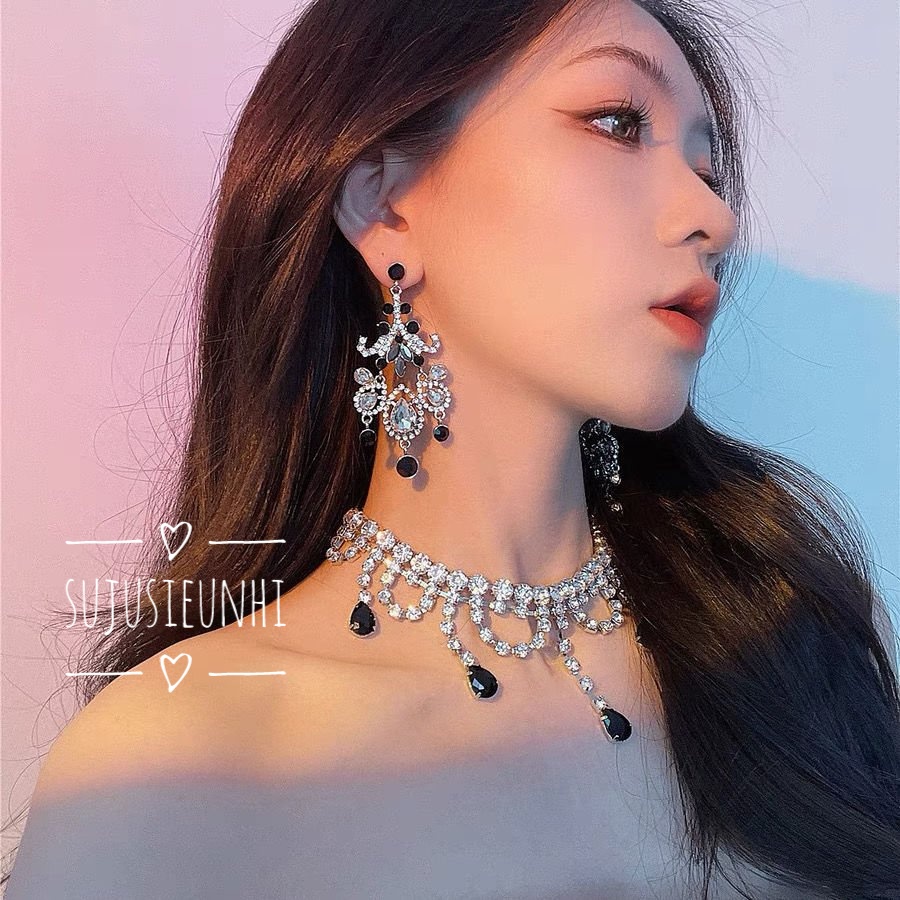 Vòng cổ choker tua rua ngắn đính giọt nước màu đen thời trang