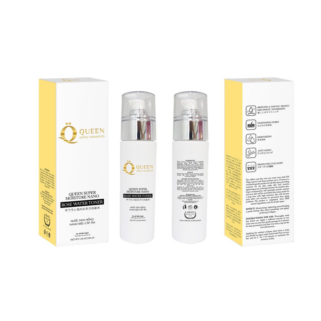 [CHÍNH HÃNG] Toner Nước Hoa Hồng Nano Chăm Sóc Da Mặt Se Khít Lỗ Chân Lông Làm Mềm Mịn Da Đến 72h Queen Japan Cosmestics