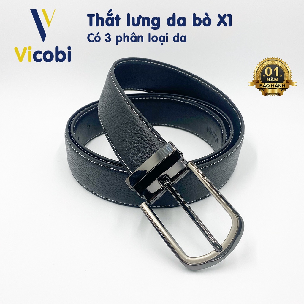 Thắt lưng nam Da Bò Vicobi, dây khóa kim mặt khoá xám tròn TL01,sản xuất tại Việt Nam