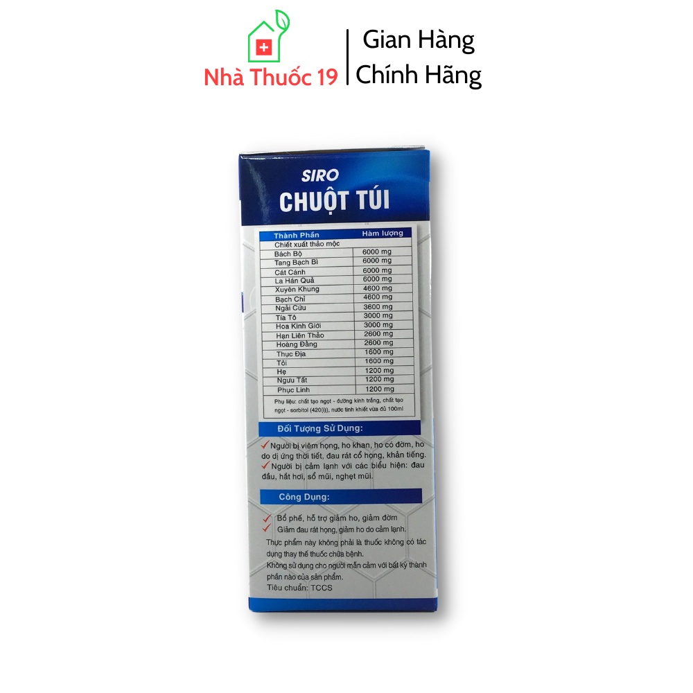 Siro Ho Chuột Túi - Giúp Bổ Phế, Giảm Ho, Giảm Đờm, Hỗ Trợ Giảm Đau Rát Họng, Cảm Cúm (Lọ 100ml)