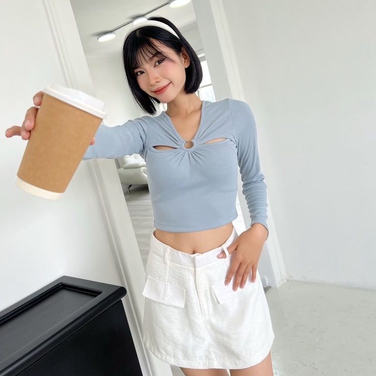 Áo croptop nữ tay dài body TOPTIFY kiểu khoét ngực khoen Inox Ivy Top AC64