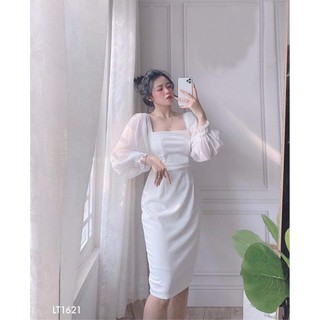 Đầm body nữ tay dài cổ vuông phối voan cao cấp