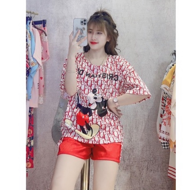 (Clip thật + sẵn ) Bộ Lụa Xước Mickey Đỏ mặc nhà quần đùi tay cộc
