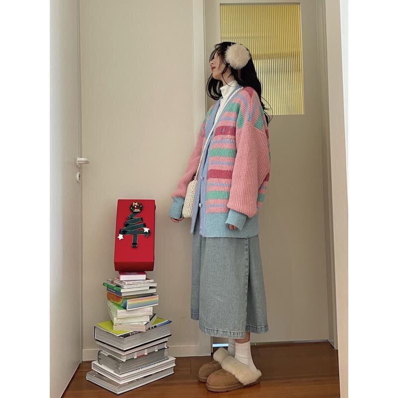 Áo Khoác Len Cardigan Dáng Rộng Thêu Hình Cầu Vồng Kiểu Vintage Nhật Bản Dễ Thương Cho Nữ