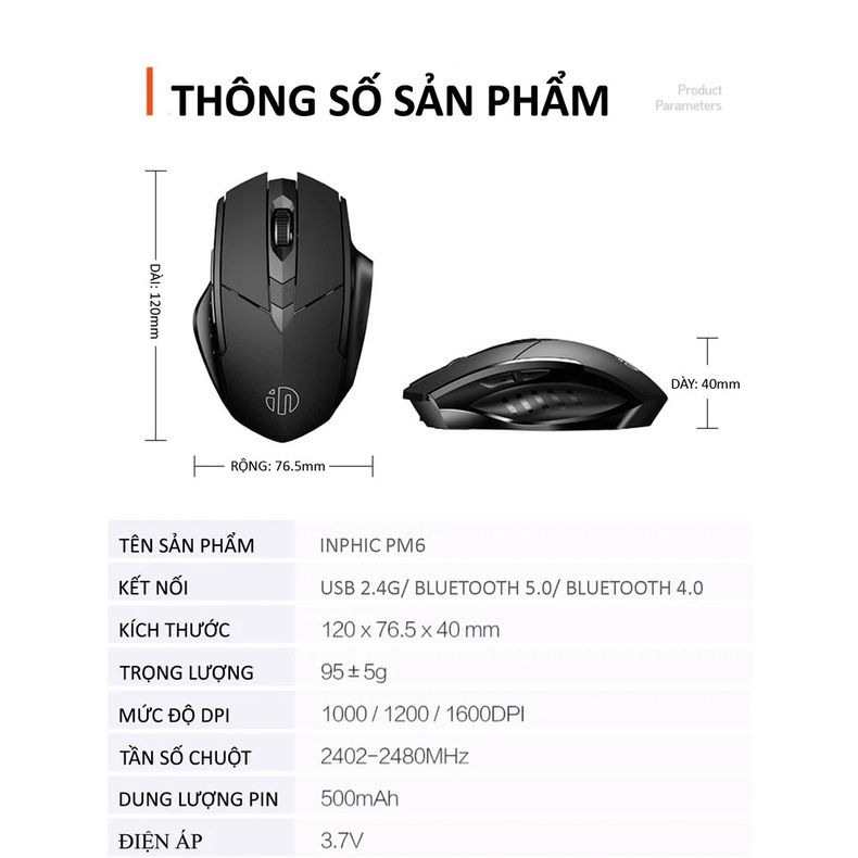 Chuột không dây INPHIC PM6 sử dụng pin sạc kết nối bằng USB 2.4G, Bluetooth 5.0 với nút nhấn silent không tiếng ồn - NK