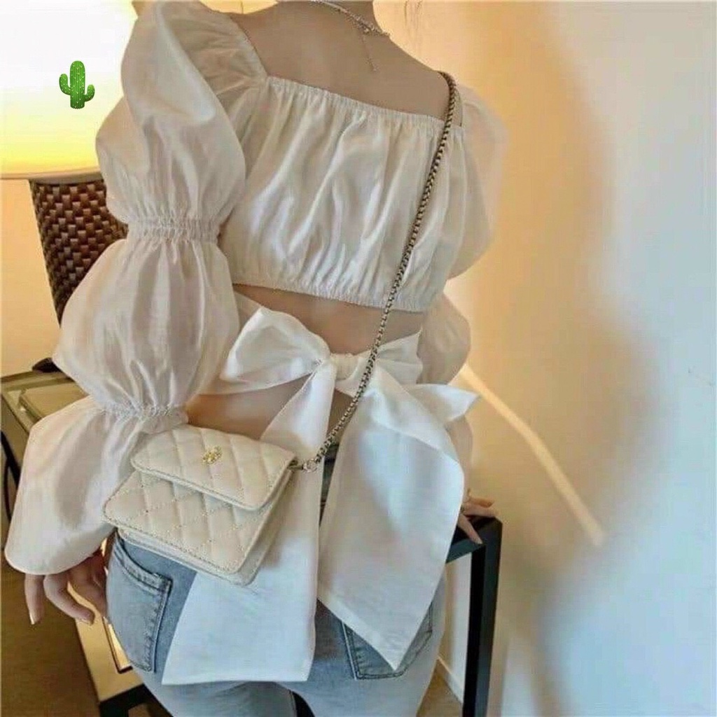 Áo croptop cổ vuông tay nhún, cột nơ sau lưng siêu cute