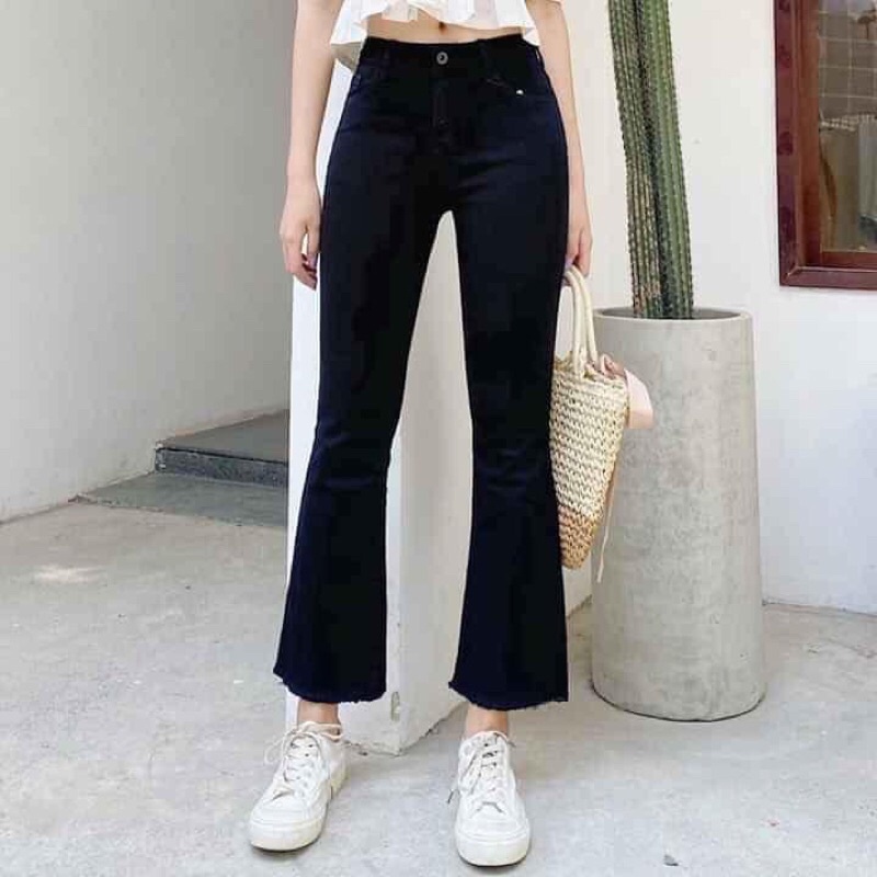 Quần bò jeans nữ ống loe rộng xuông đứng, jeans cạp cao xẻ gấu co dãn | WebRaoVat - webraovat.net.vn