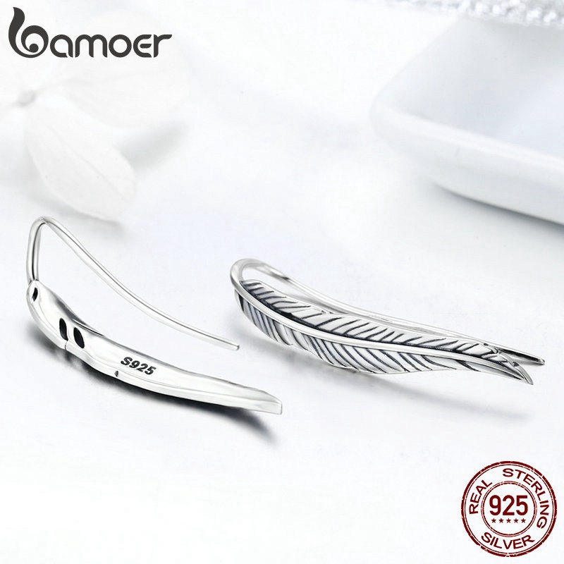 Bông Tai Bamoer Bằng Bạc 925 Hình Lông Vũ Xinh Xắn