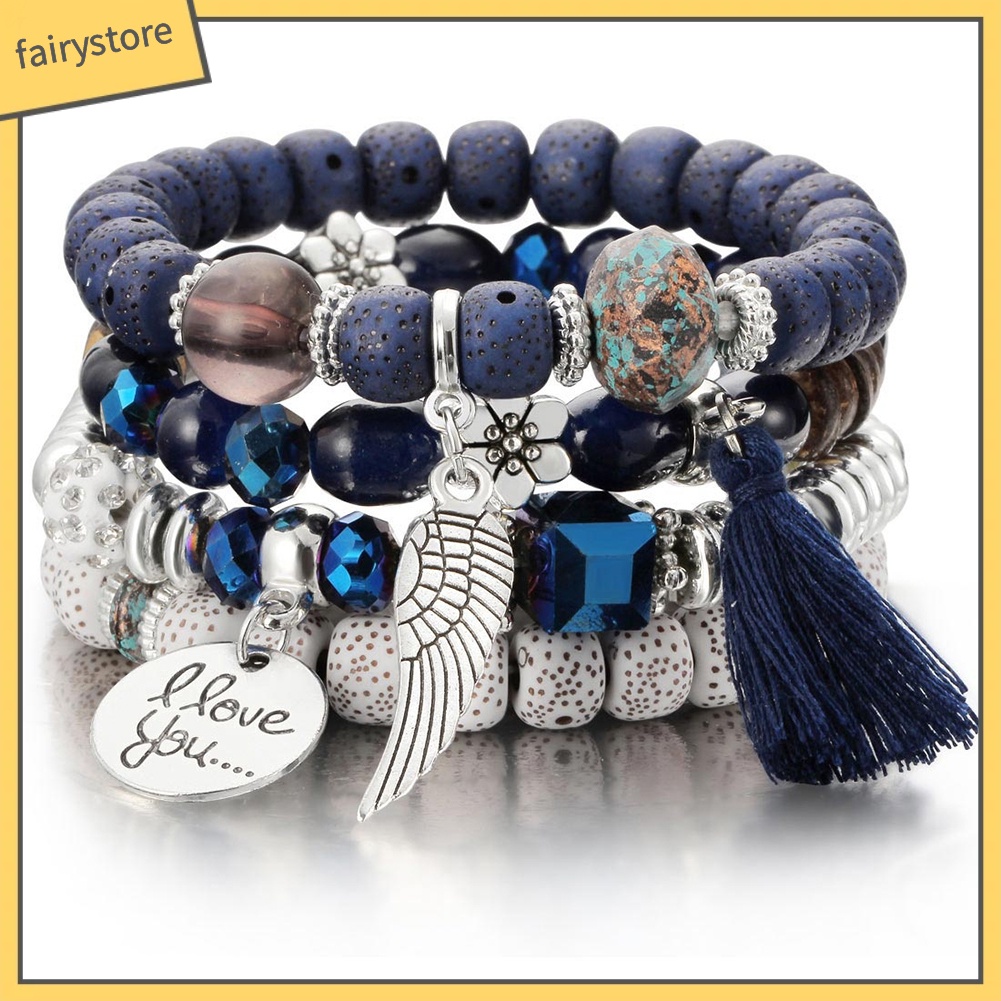 Set 4 vòng đeo tay xâu hạt phong cách Boho độc đáo và thời trang cho nữ