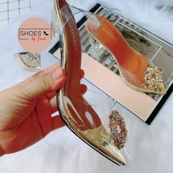 Guốc cao 9p gót nhọn bít mũi trong suốt đính đá SUDI SHOES A16 BBF có hậu quai trong suốt thu hút mọi ánh nhìn