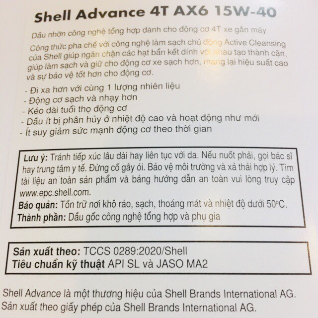 Nhớt Shell AX6 Công Nghệ Tổng Hợp 15W40 1L cao cấp chuyên tay côn