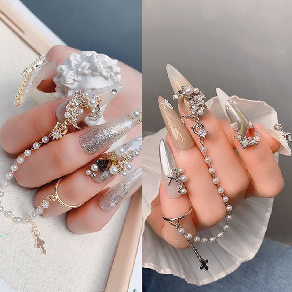 [Hàng mới về] Phụ kiện trang trí móng tay nghệ thuật đính ngọc trai giả 3d bằng kim loại thời trang diy